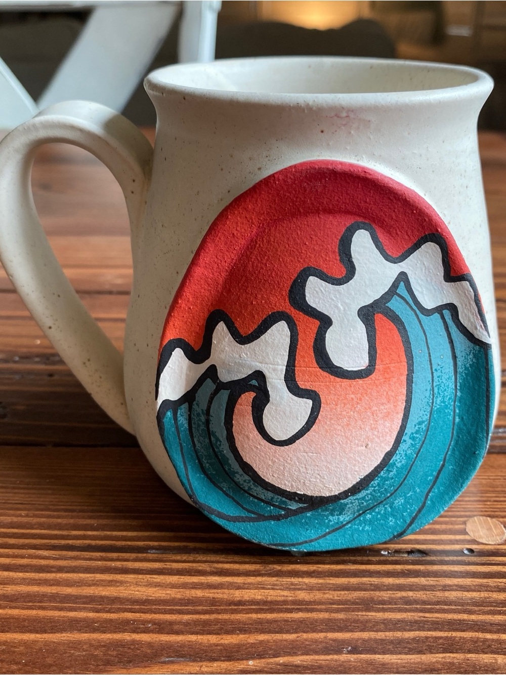 Handcrafted Ceramic Wave Mug in Cream with Red and Teal Accent